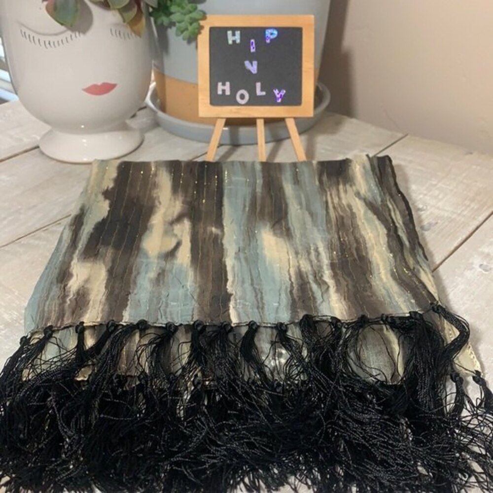 Metallic Stripe Patterned Fringe Scarf Blue Brown